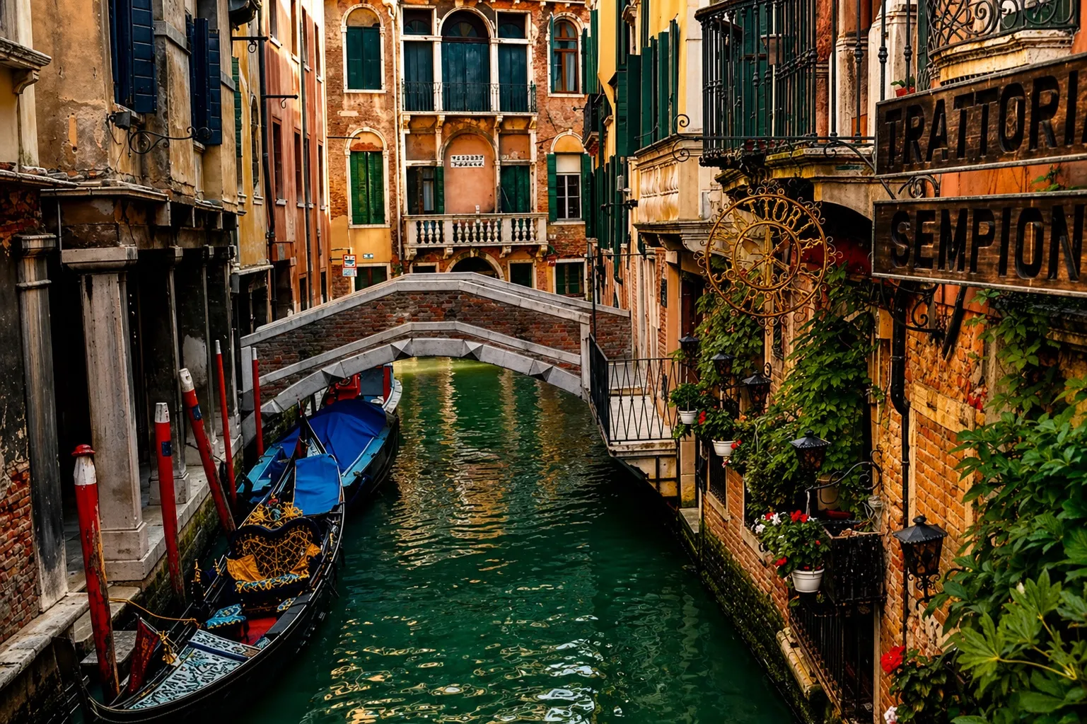 Venice canal with gondola and bridge
